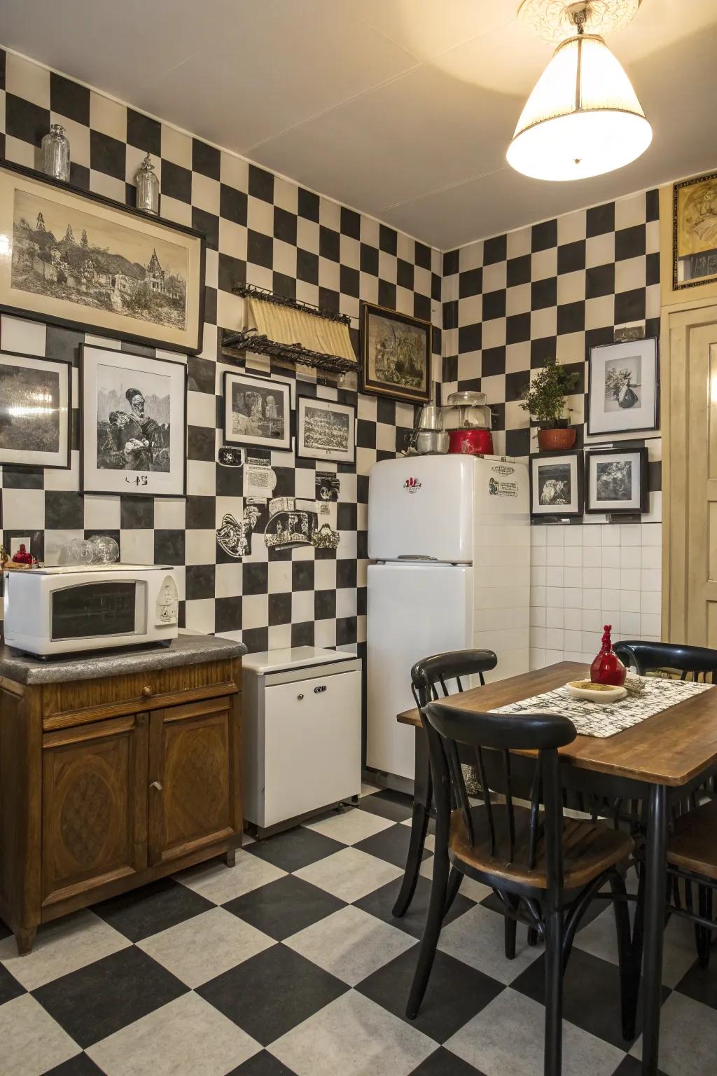 A kitchen with black and white checkerboard wallpaper, adding a chic retro touch.