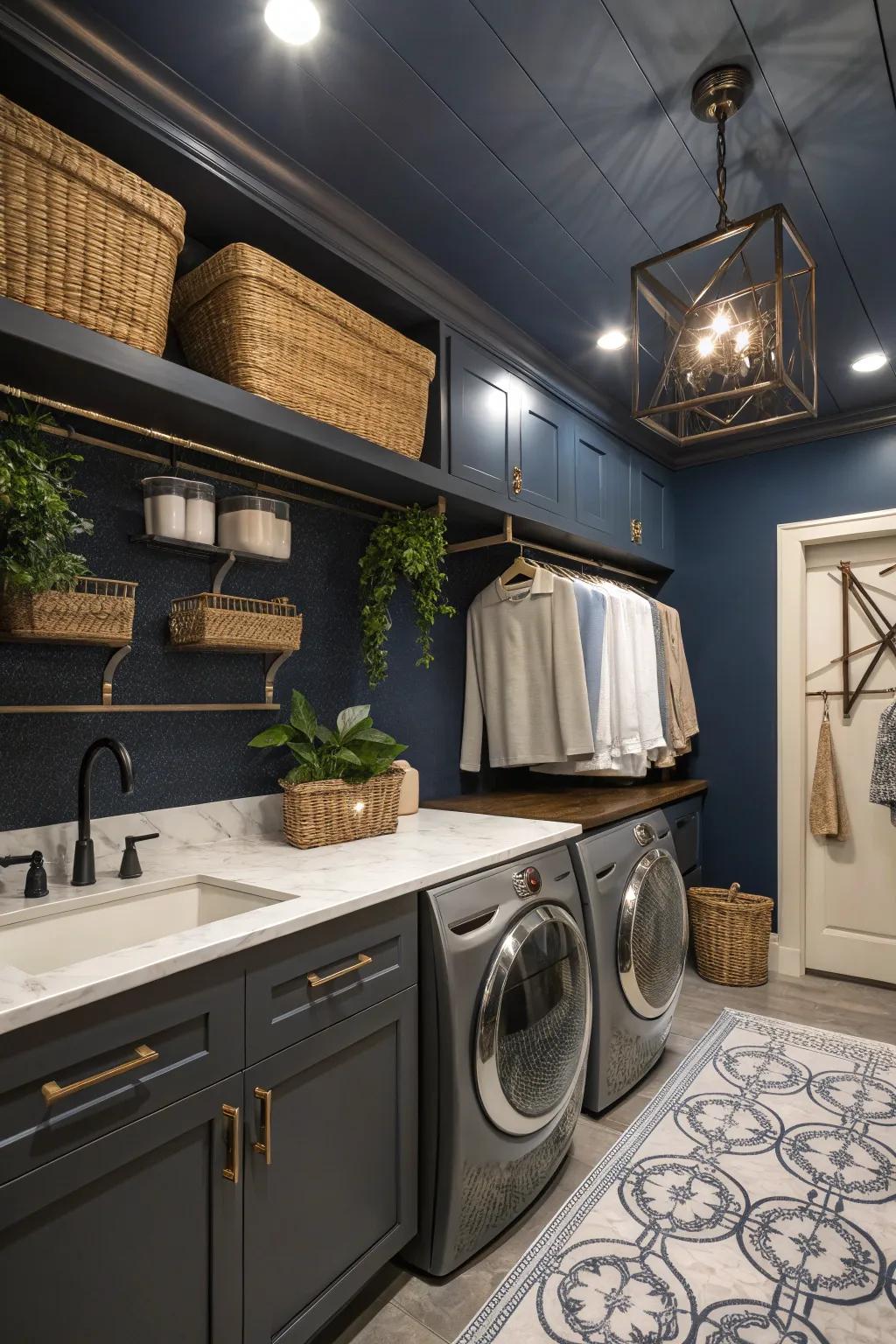 Unexpected elegance in a functional space with a dark blue ceiling.