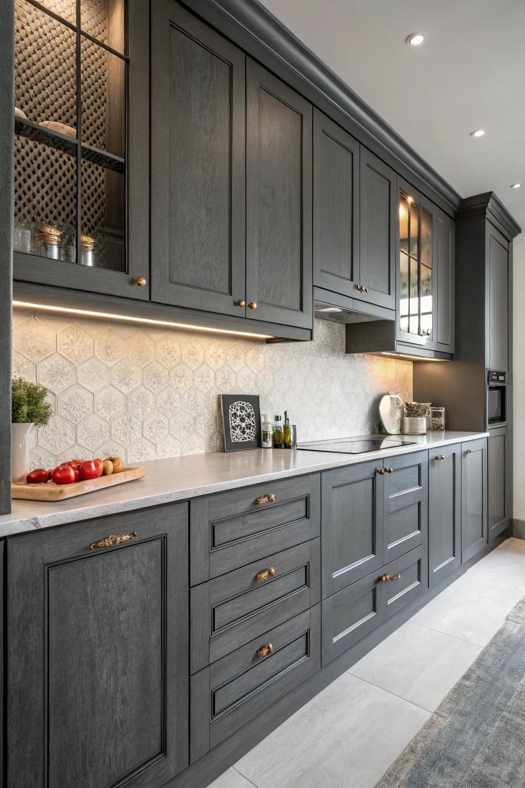 Subtle textures enhancing the depth and elegance of dark gray cabinets.