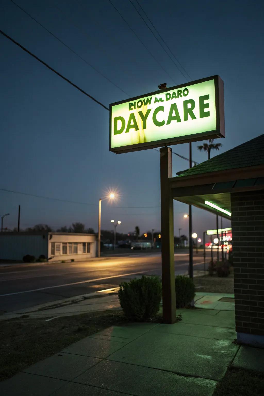 Glow-in-the-dark signage adds magic and visibility to the daycare at night.