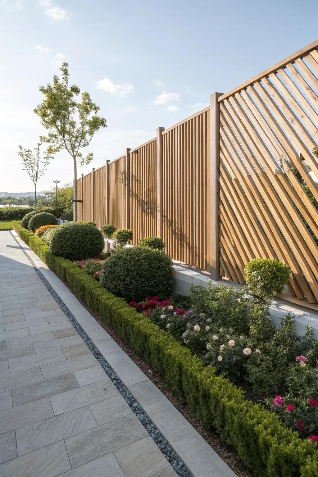 Diagonal slats add a modern twist to fence designs.