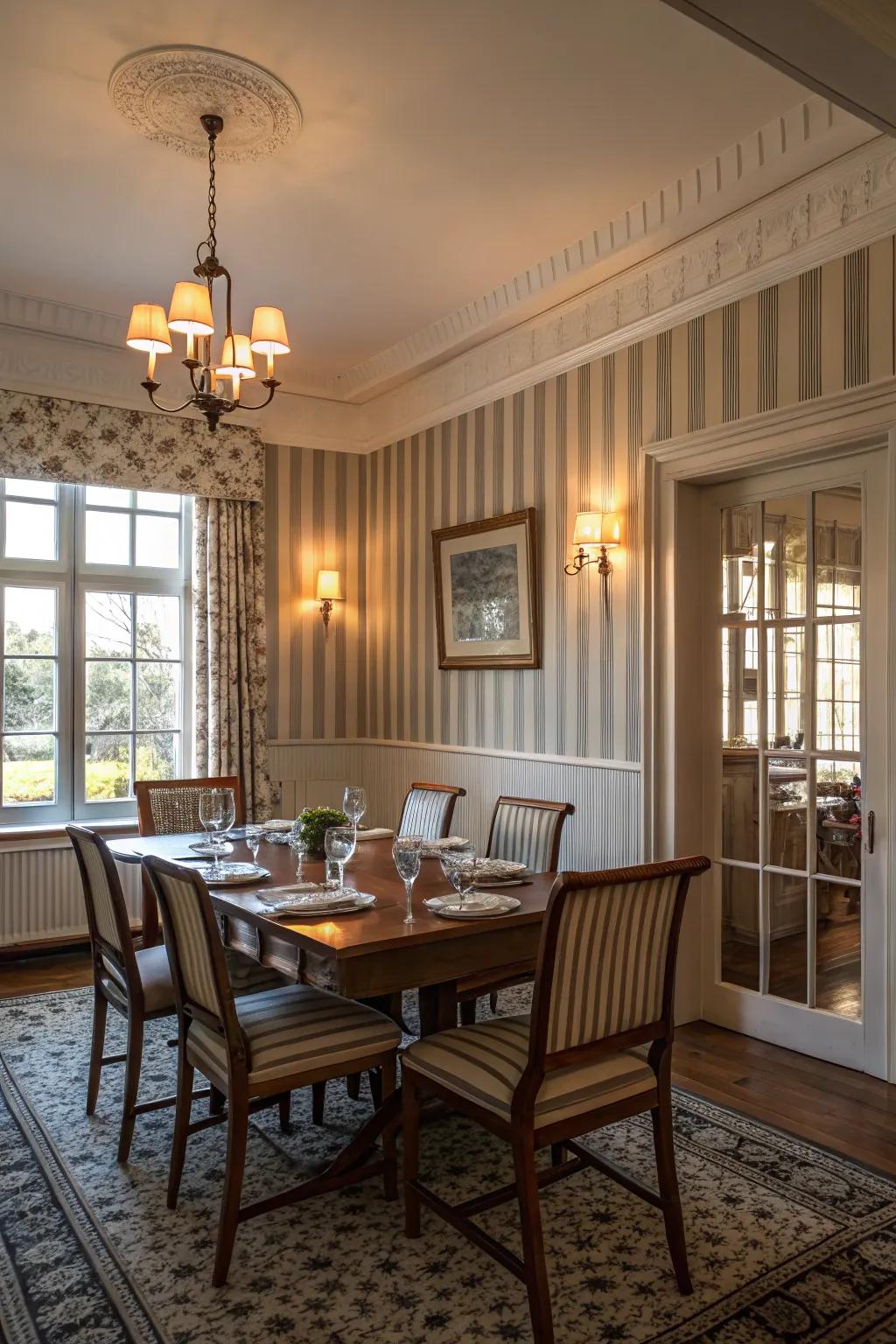 Striped wallpaper subtly enhances the dimensions of this dining room.