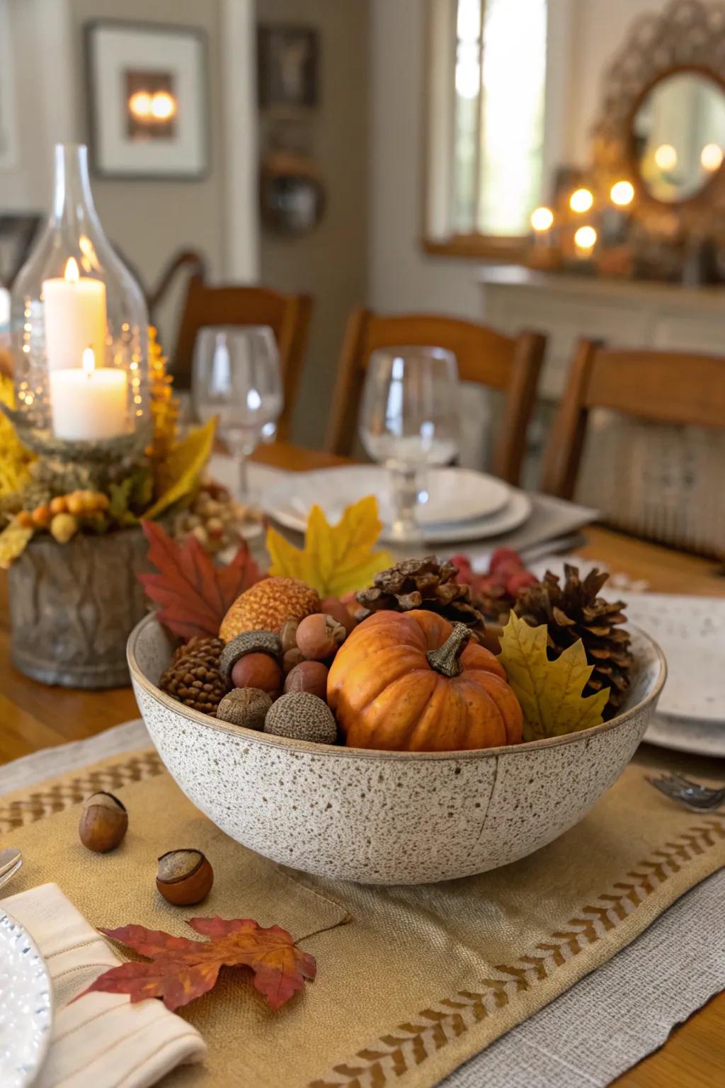 A dining table with a textured bowl as a centerpiece.