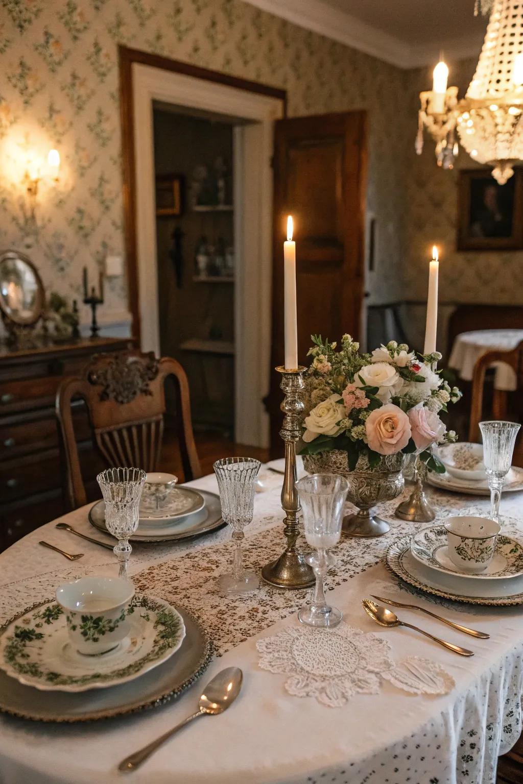 A themed dinner setting with vintage elements for an engaging experience.