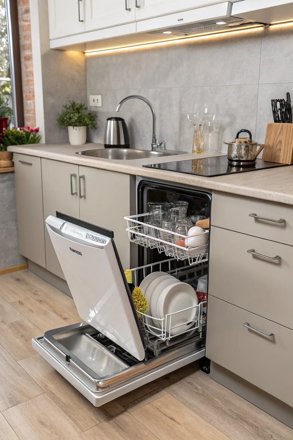 Compact dishwasher neatly tucked under the sink.