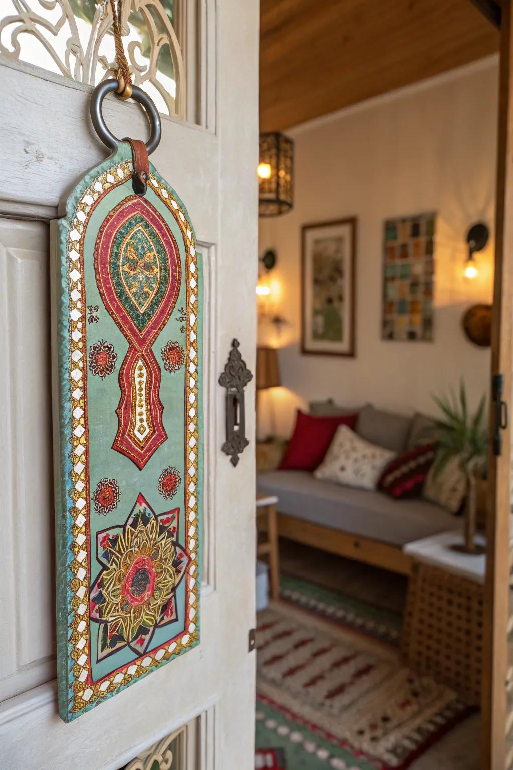 Bring global flair to your decor with a culturally inspired door hanger.