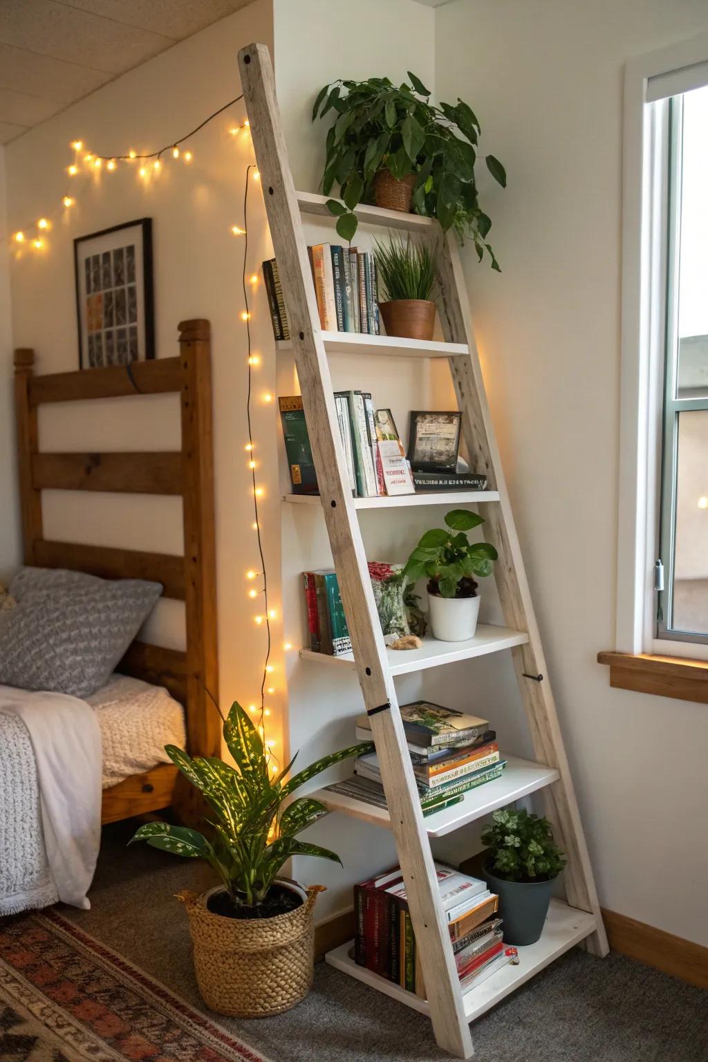 A ladder shelf adds character and storage to your dorm.