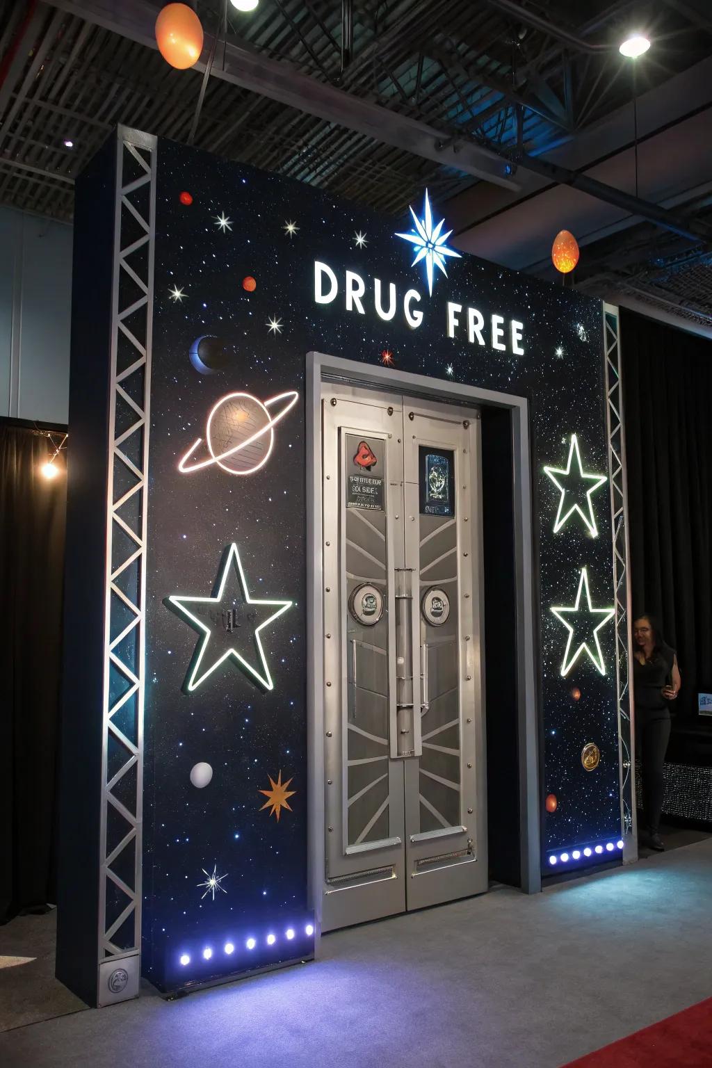 A futuristic-themed door encouraging a drug-free future.