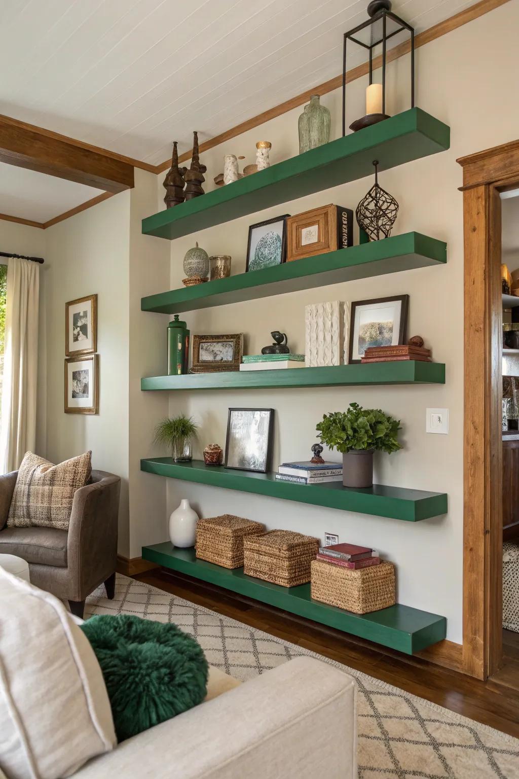 Emerald green floating shelves for a functional pop of color.