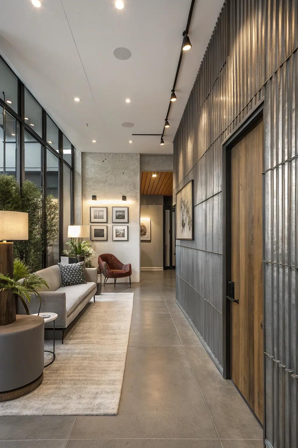 Industrial metal panels offer a sleek and edgy entryway look.