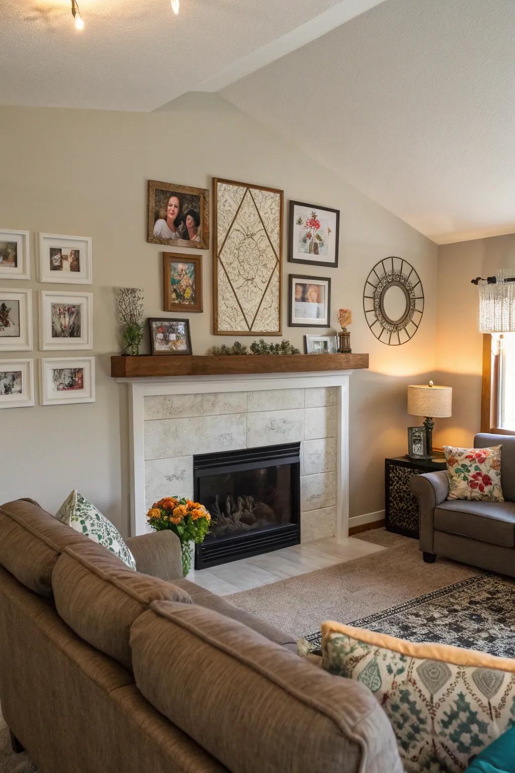 A family room filled with personal art and memories.