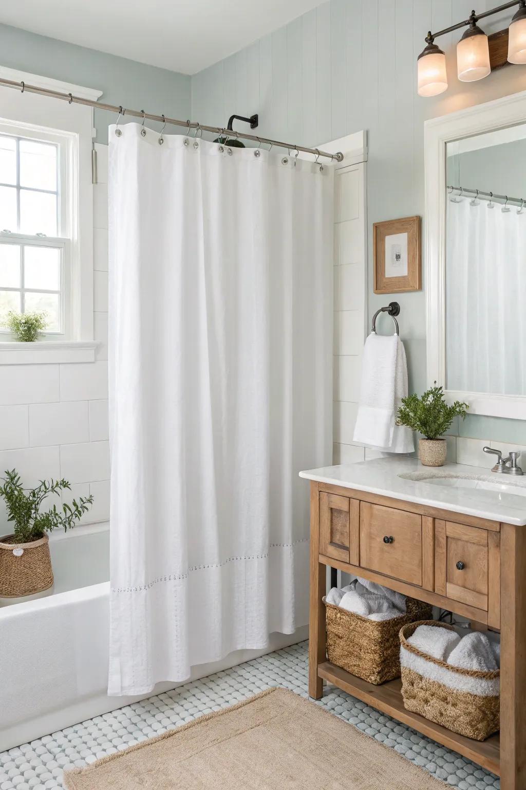 A bright bathroom with a soft white shower curtain and minimalist decor.