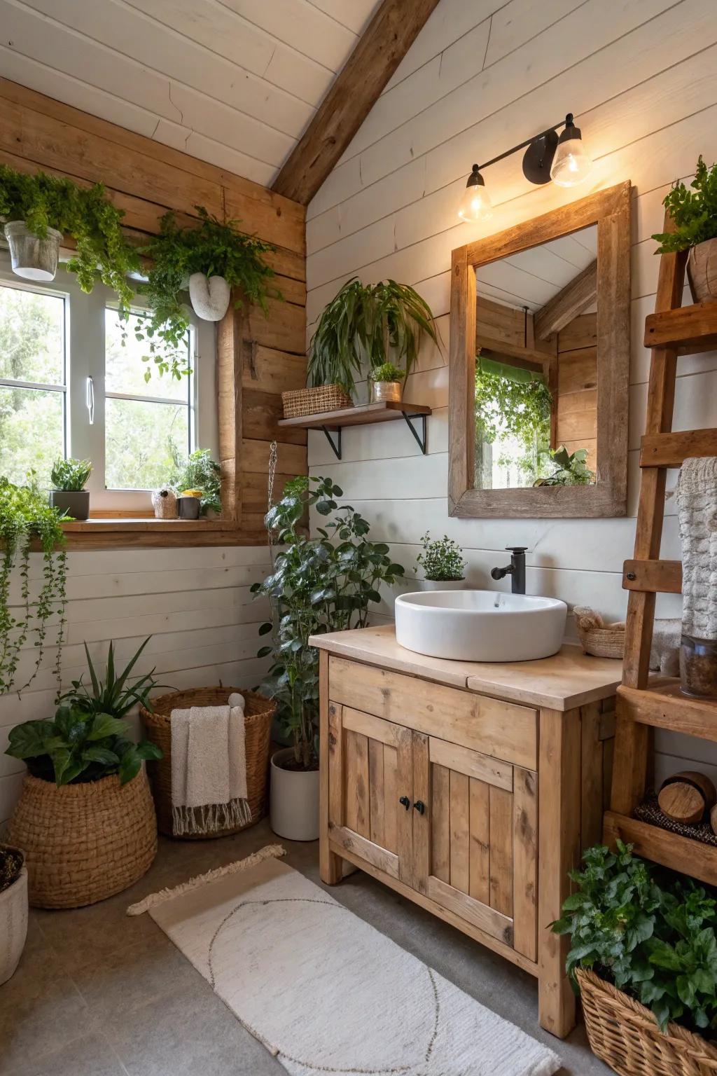 Greenery adds a fresh and natural touch to this farmhouse bathroom.