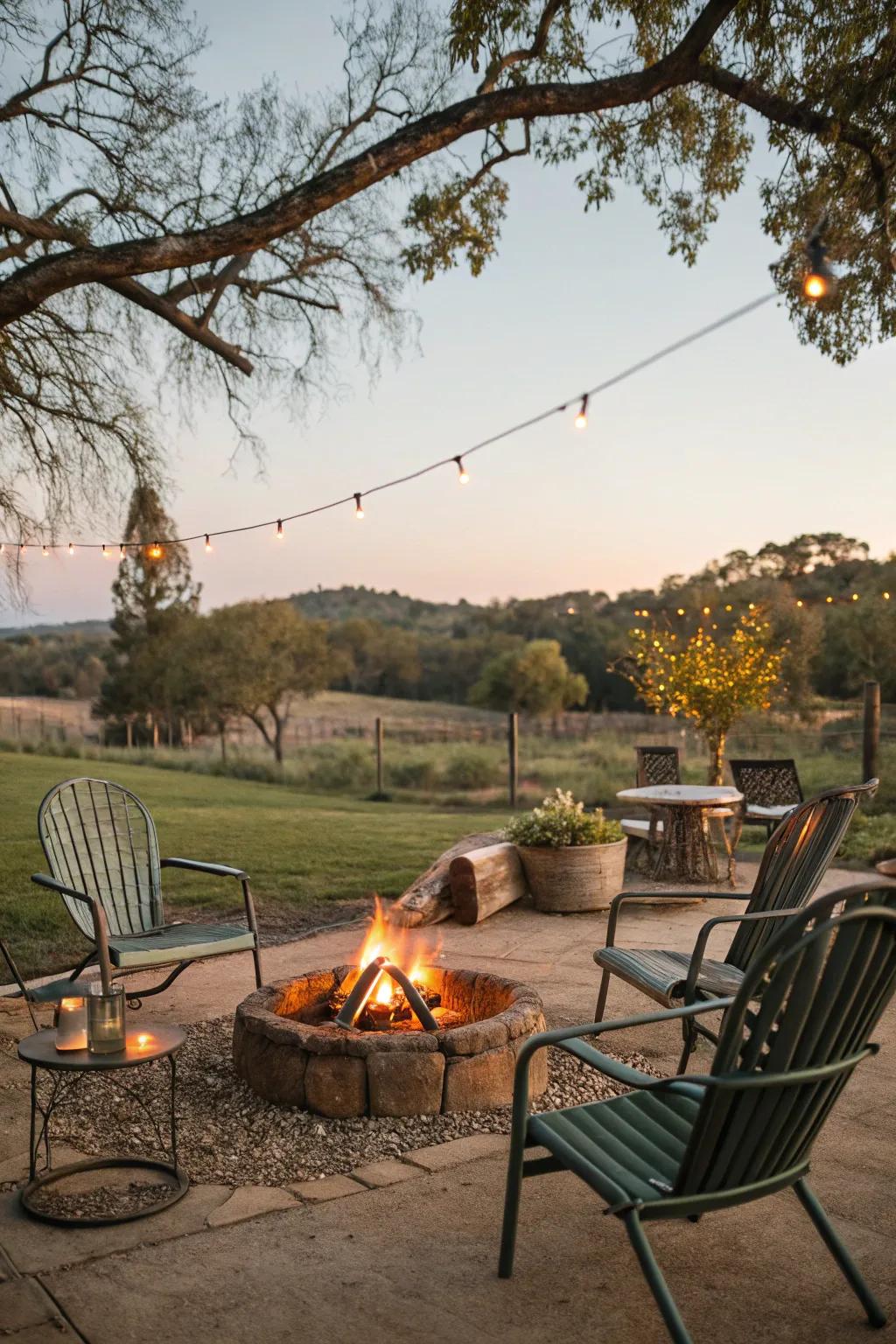 Vintage metal chairs add a nostalgic touch to the fire pit area.