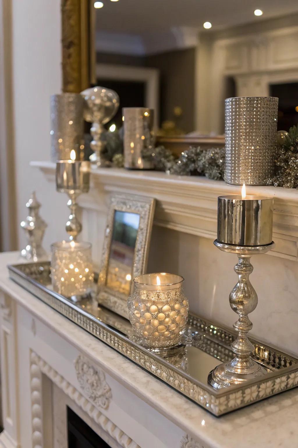 Reflective surfaces adding sparkle and luxury to the mantel.