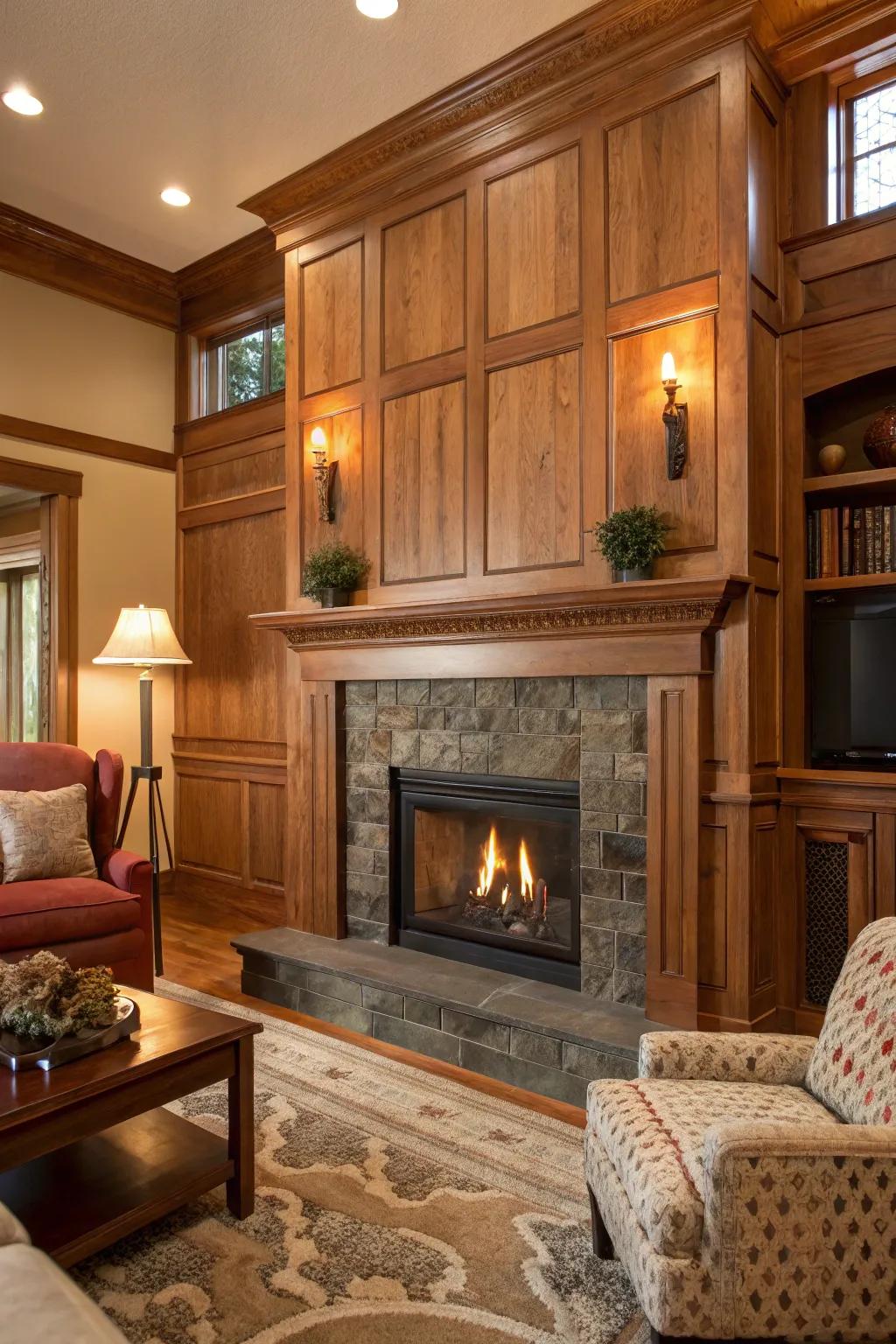 Mixed wood tones bring warmth and depth to the fireplace.