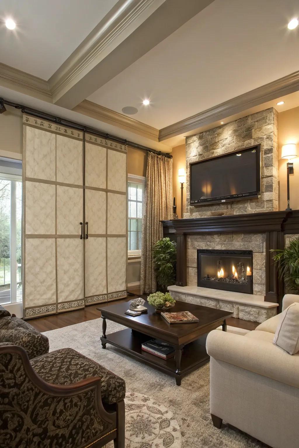 Sliding panels elegantly conceal a TV above the fireplace.