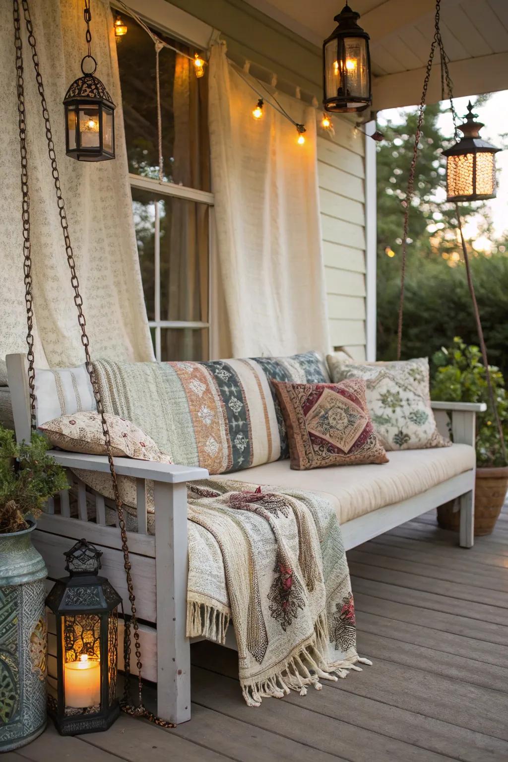 A bohemian bench with textiles and lanterns creates a relaxed vibe.