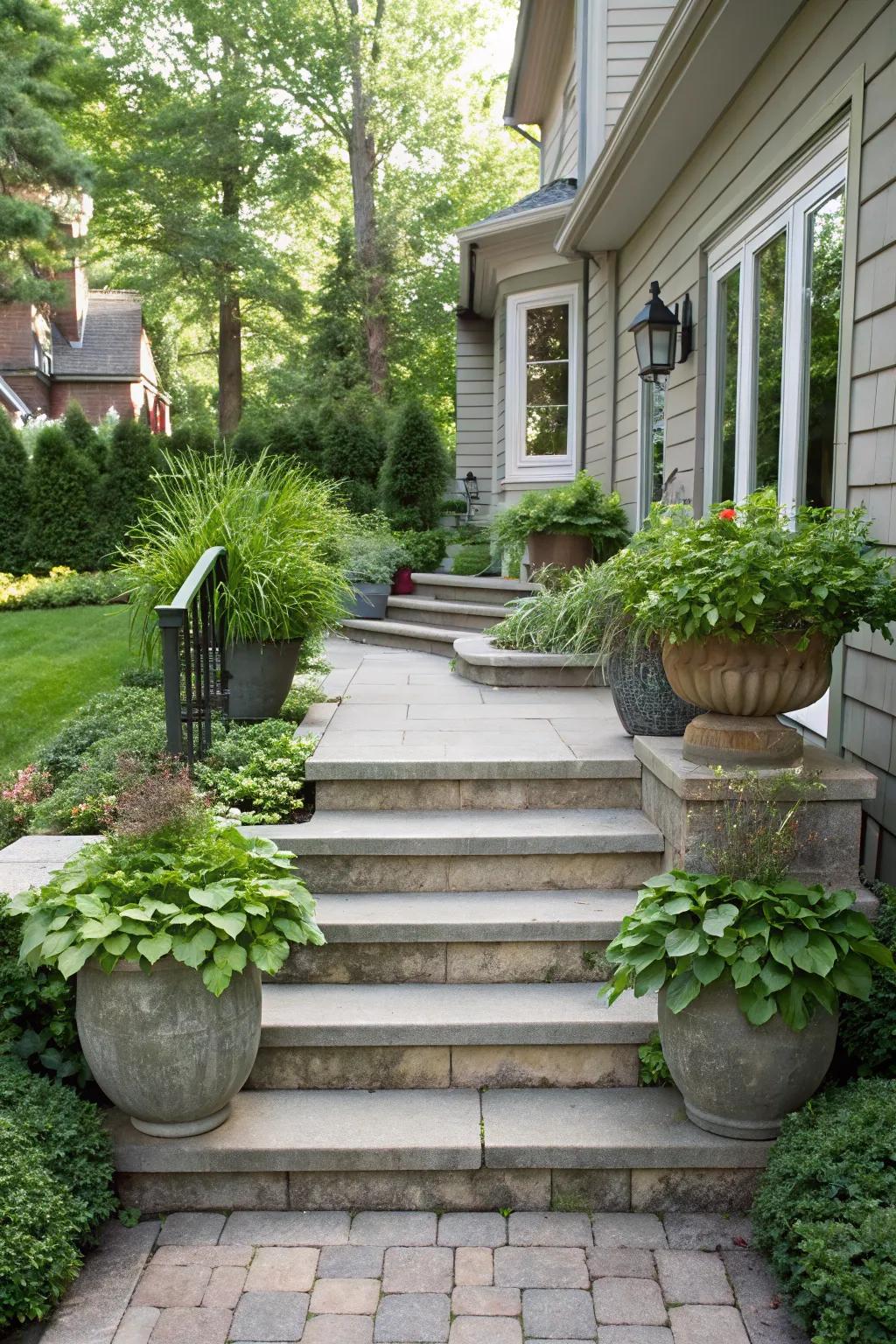 Matching planters add symmetry and beauty to your front steps.