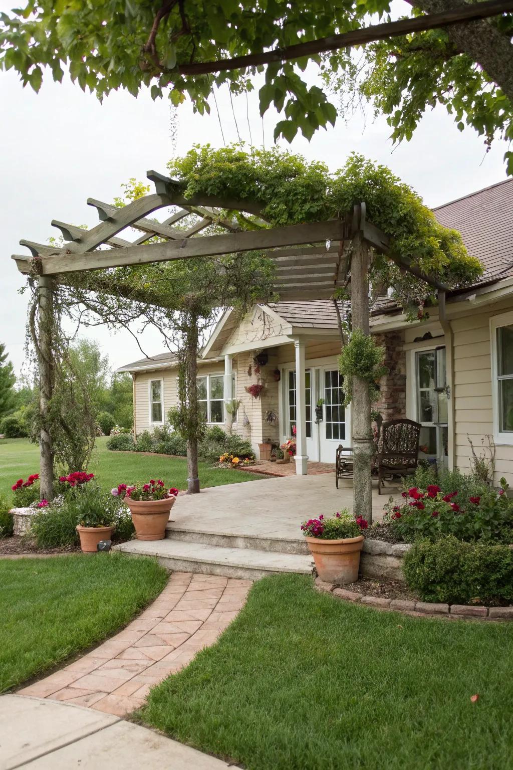 Pergola adding character and focus to the front yard