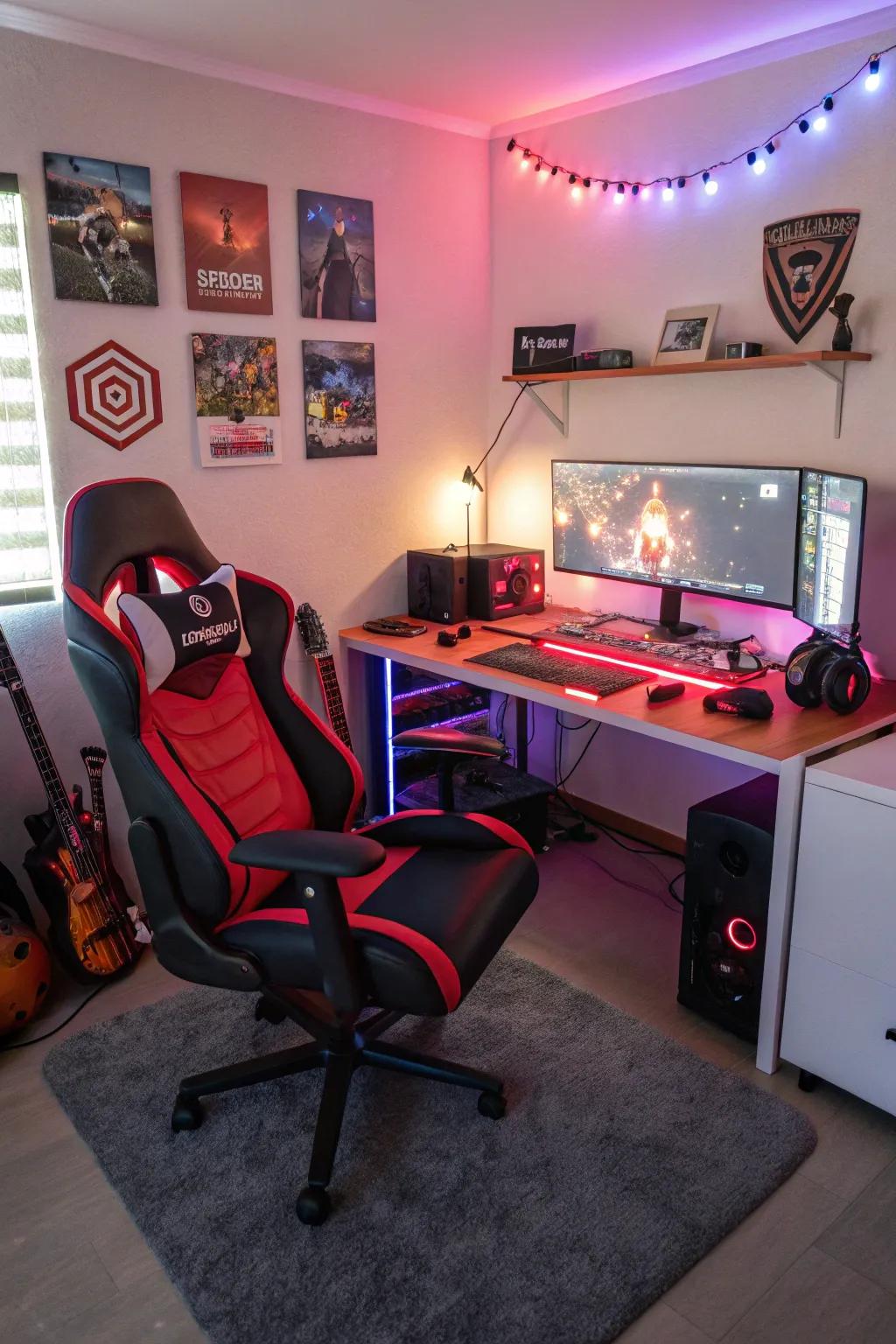 Gaming-themed furniture completes the setup.