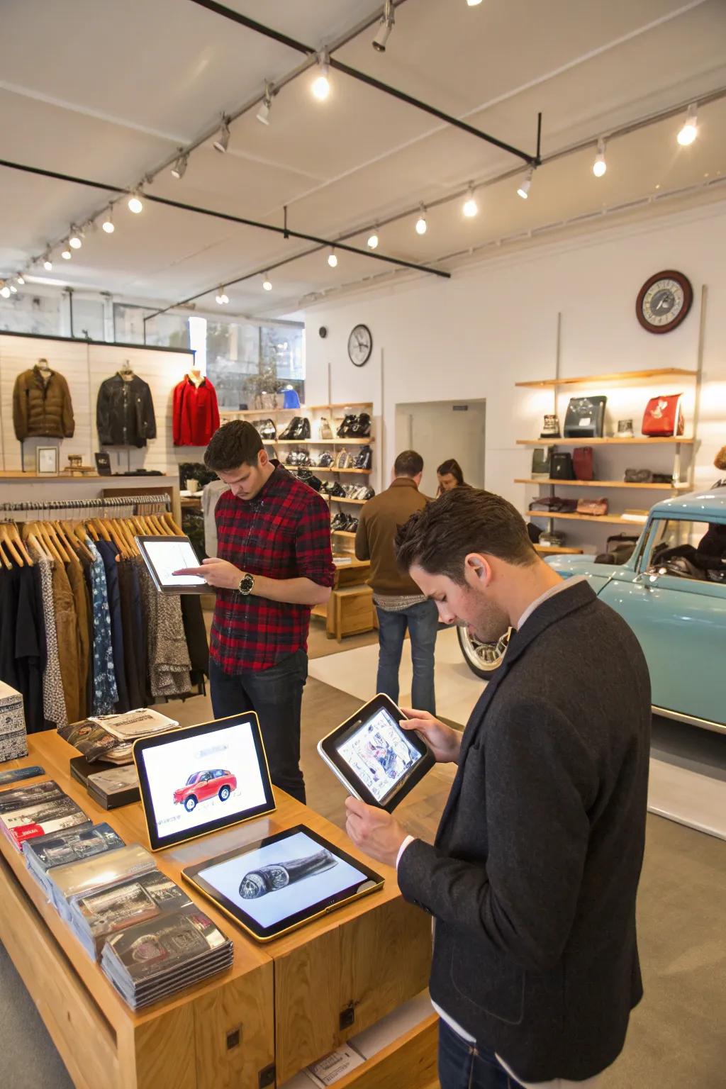 Incorporation of technology like tablets and digital catalogs in a garage boutique.