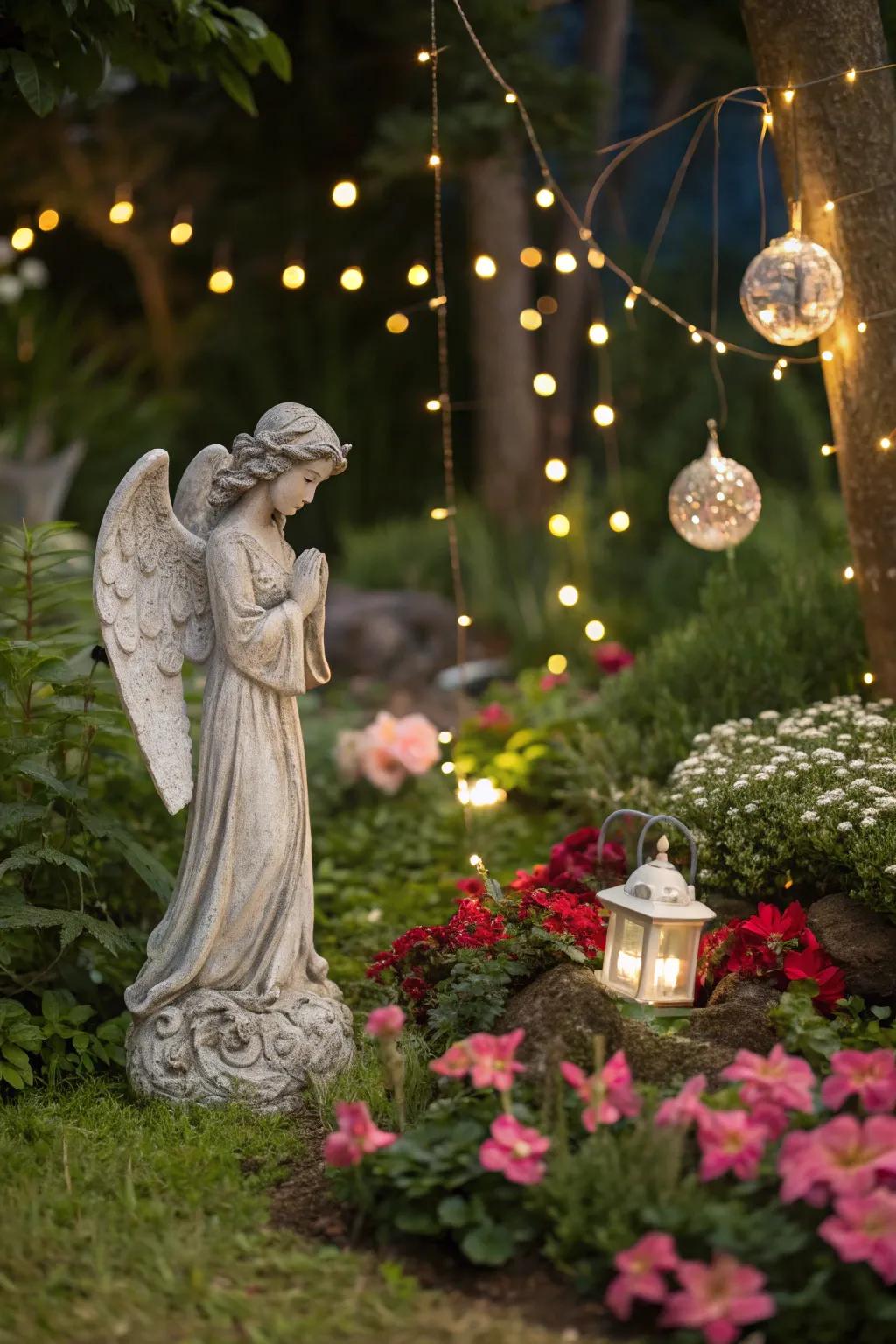 Miniature angel adding charm to a fairy garden.