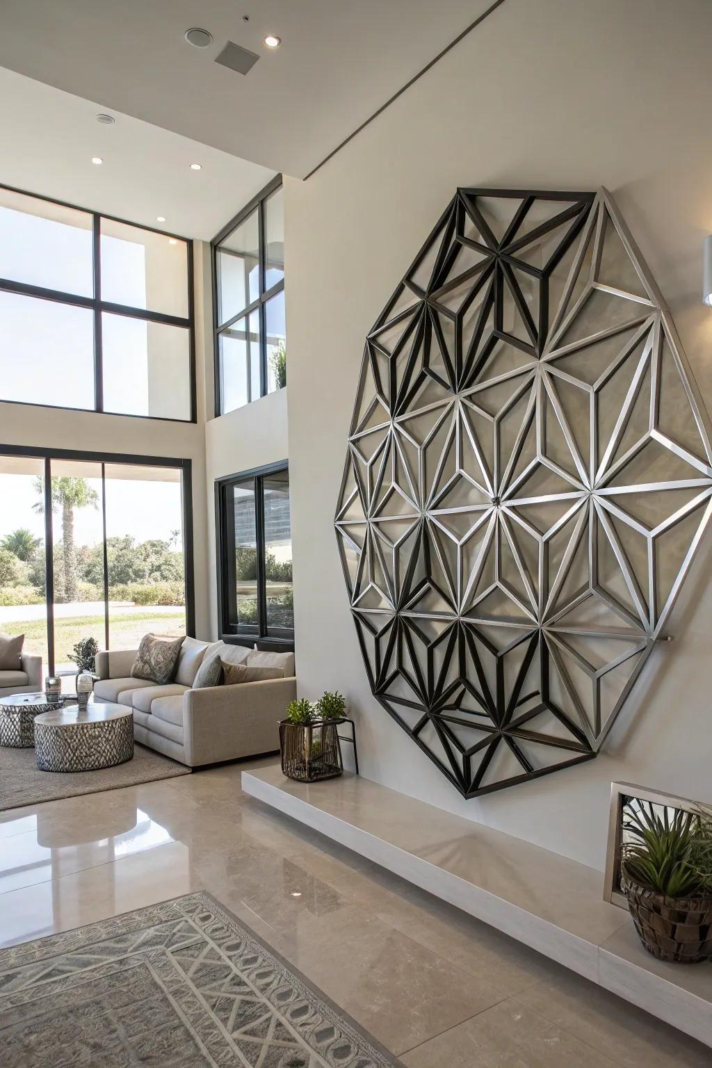 Geometric wall sculptures offer an architectural and bold statement.