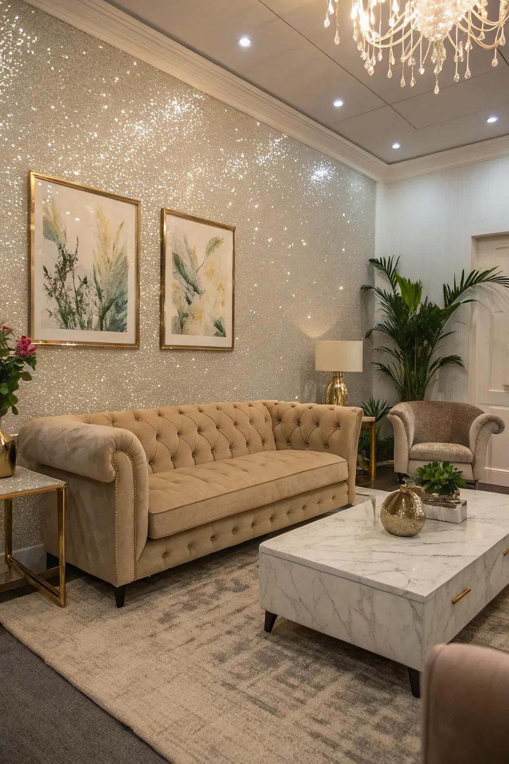 A glitter accent wall adds understated elegance.