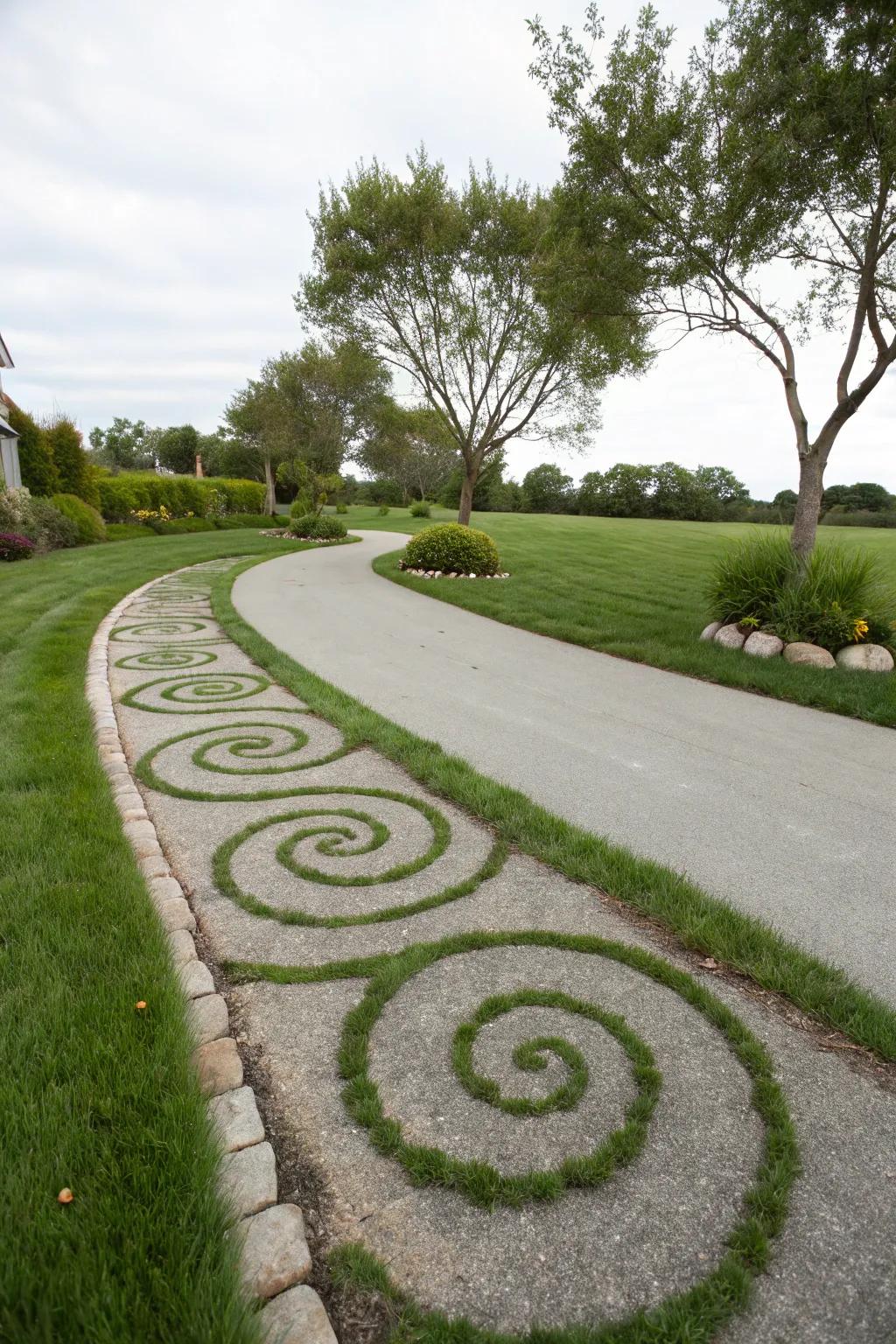 Spiral grass designs add a whimsical, artistic touch.