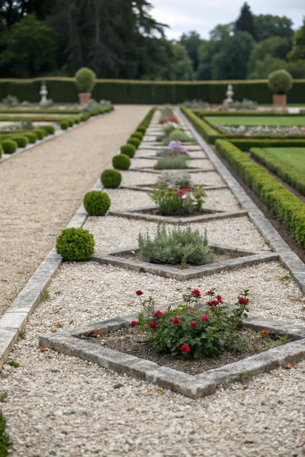 A symmetrical and balanced gravel flower bed design