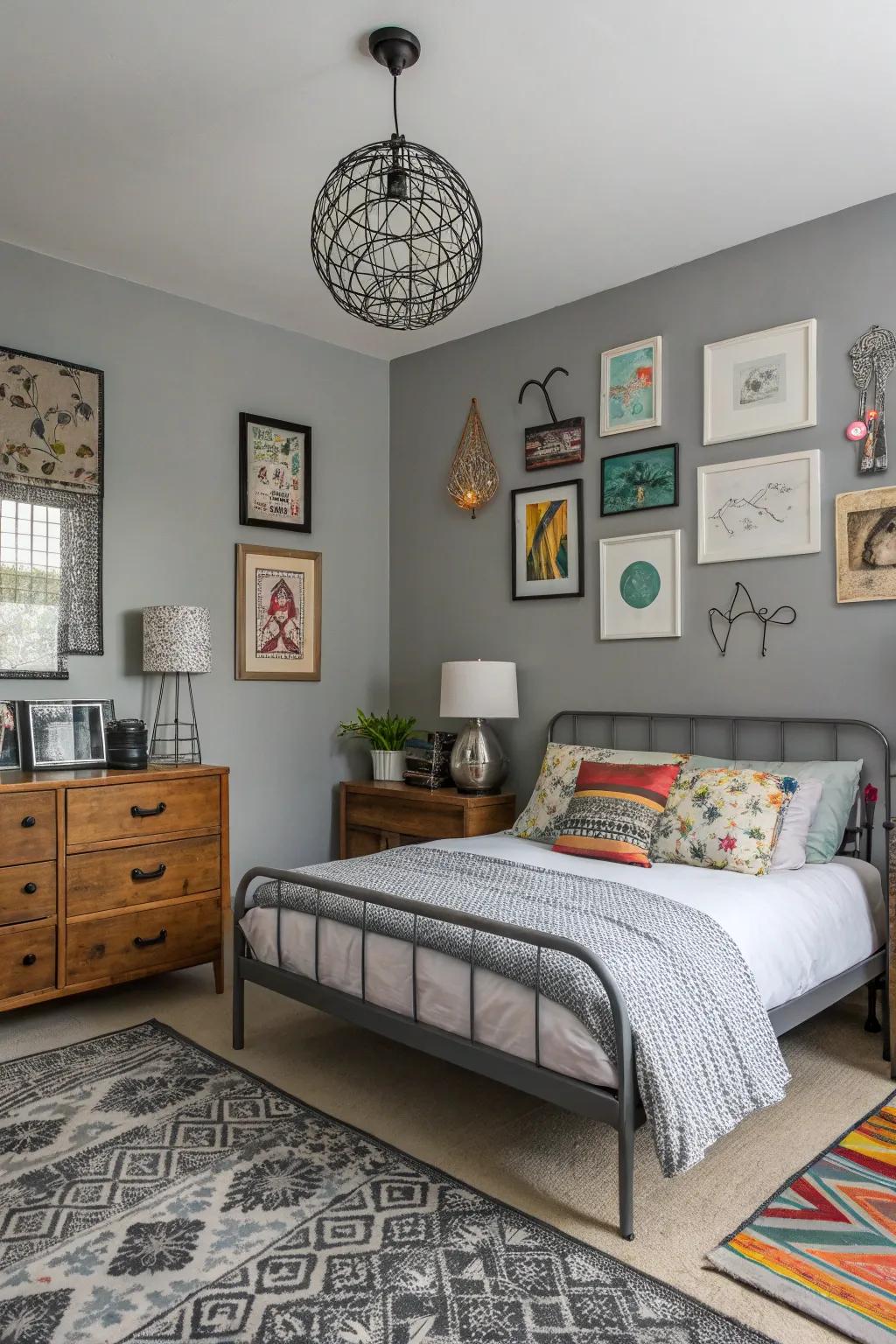 Eclectic decor brings a personalized touch to gray bedrooms.