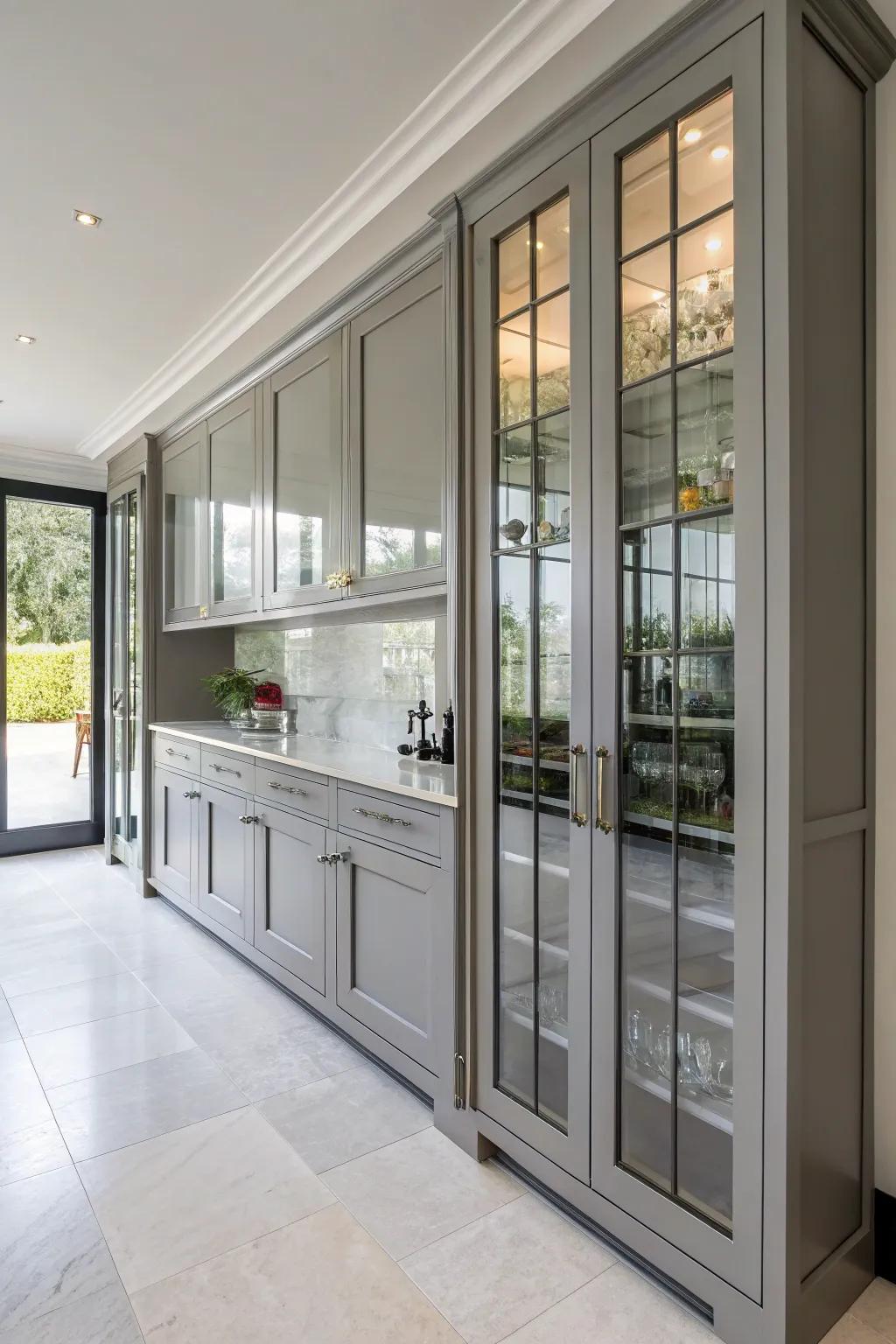 Glass cabinet doors add elegance and openness to gray cabinets.