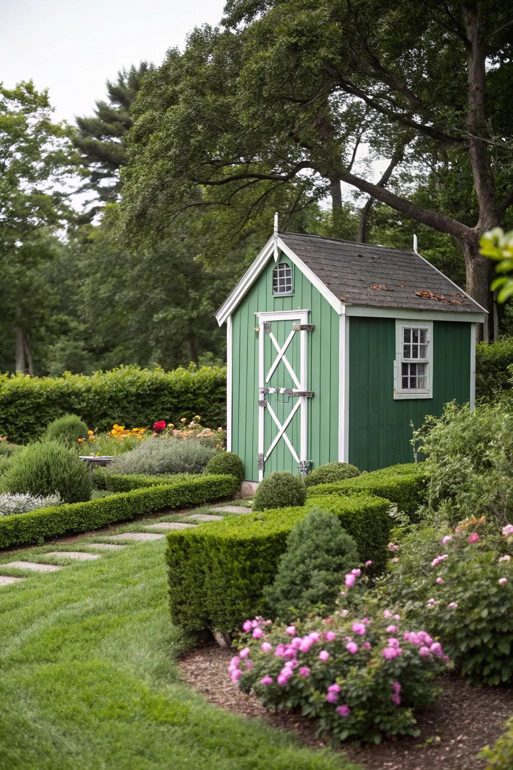 Classic white trim provides a crisp finish to a green shed.