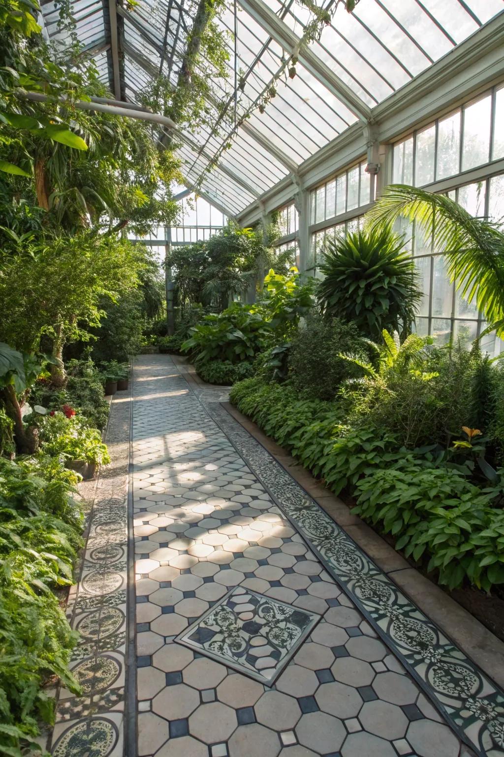 Slate tiles offer a rustic and refined greenhouse floor.