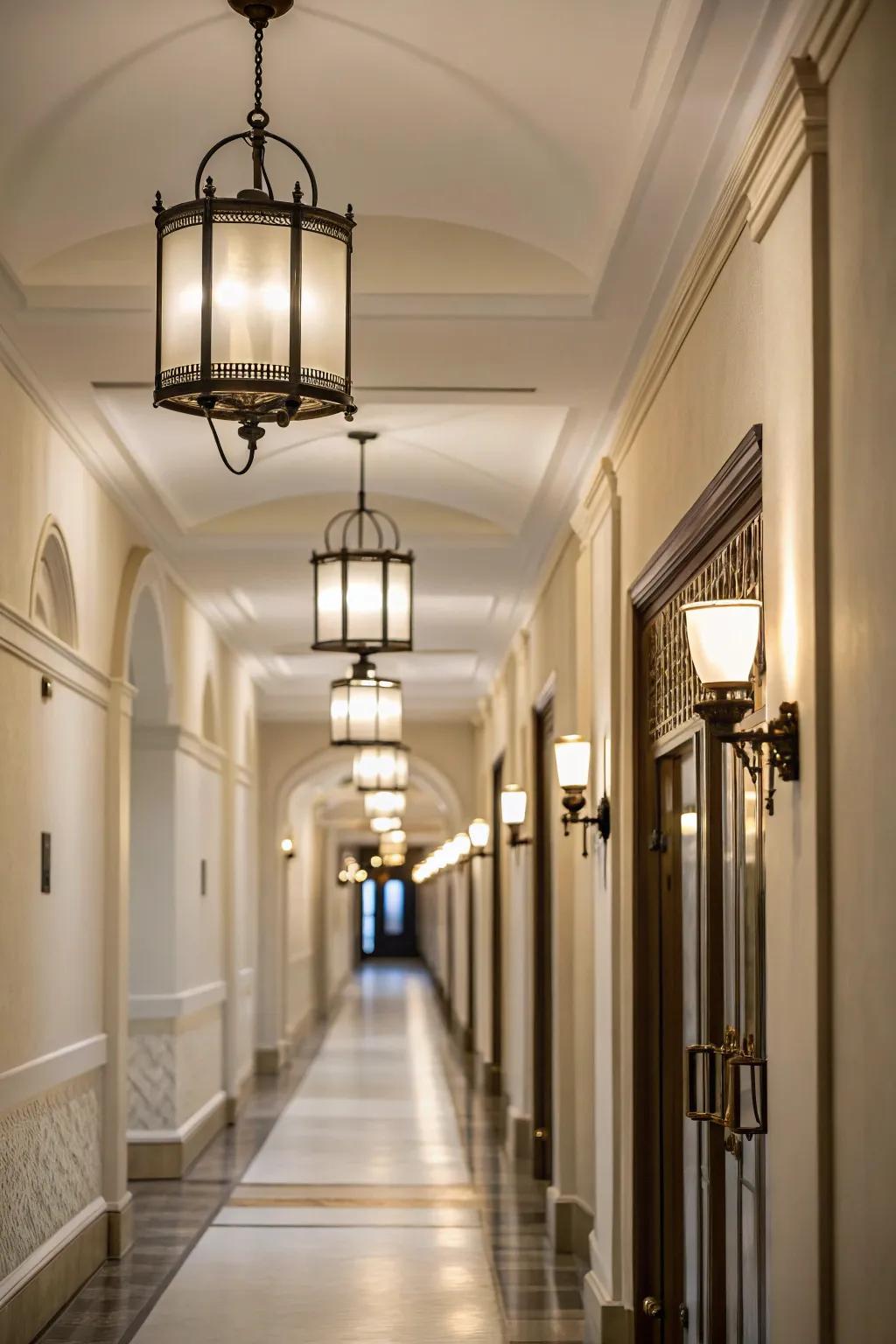 Matching fixtures create a harmonious hallway design.