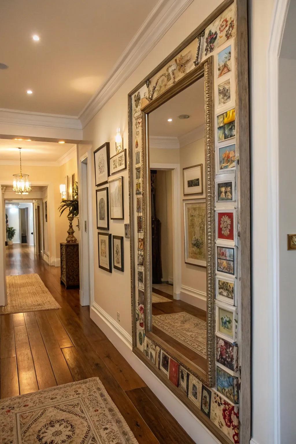 Layering art over mirrors adds depth and creativity.