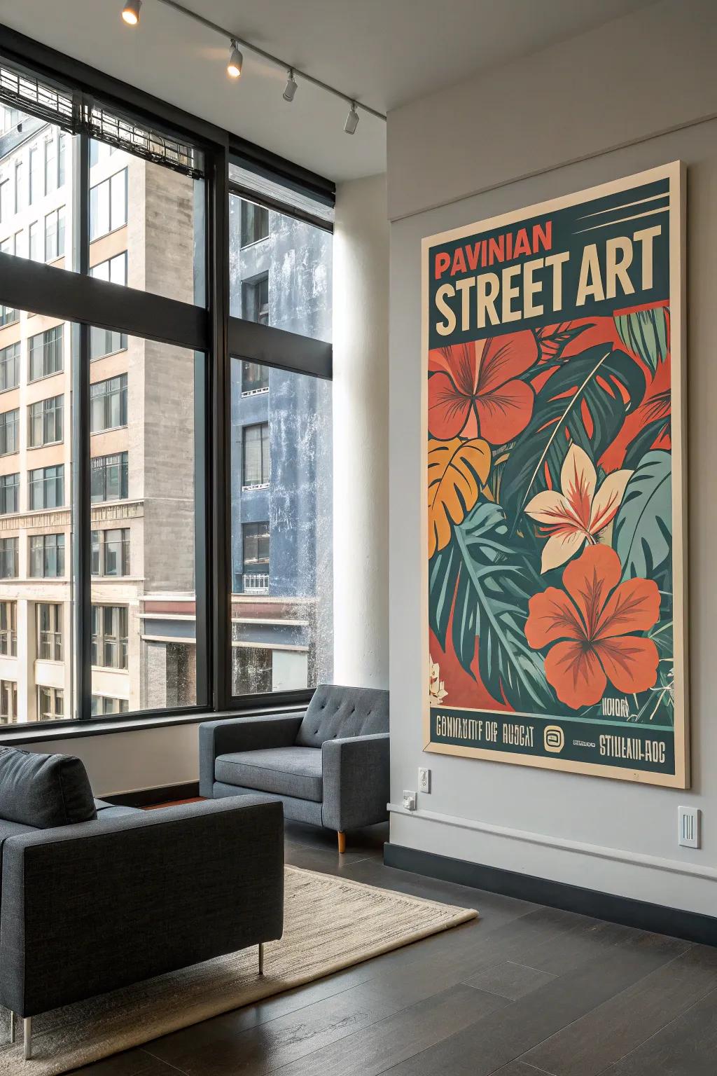 A Hawaiian street art poster adding a contemporary touch to a modern living space.