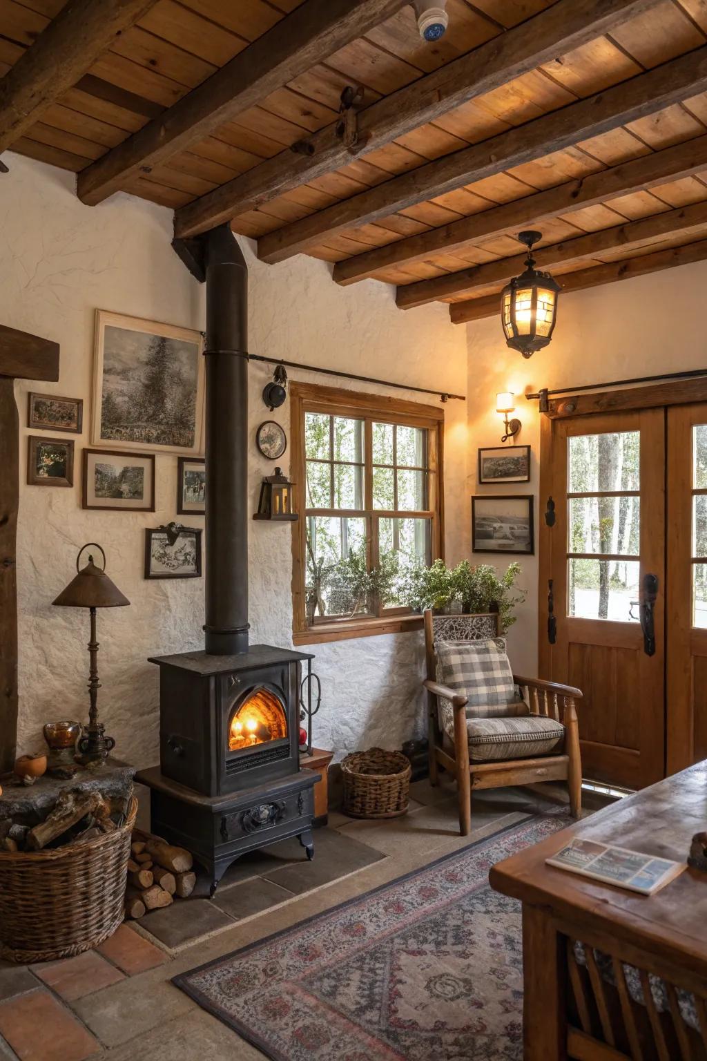 A rustic living room featuring a chimney heater, enhancing warmth and character.