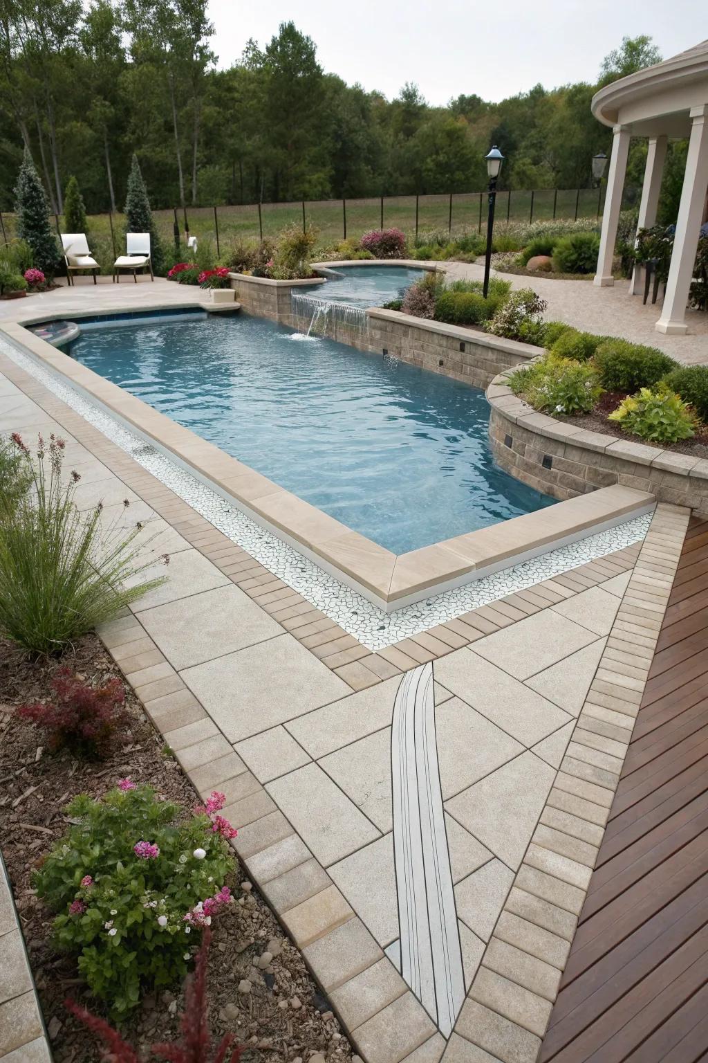 V-shaped slopes enhance drainage efficiency on the pool deck.