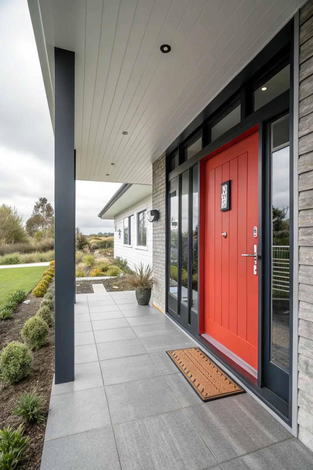 A new door serves as the stunning centerpiece to this modern porch.