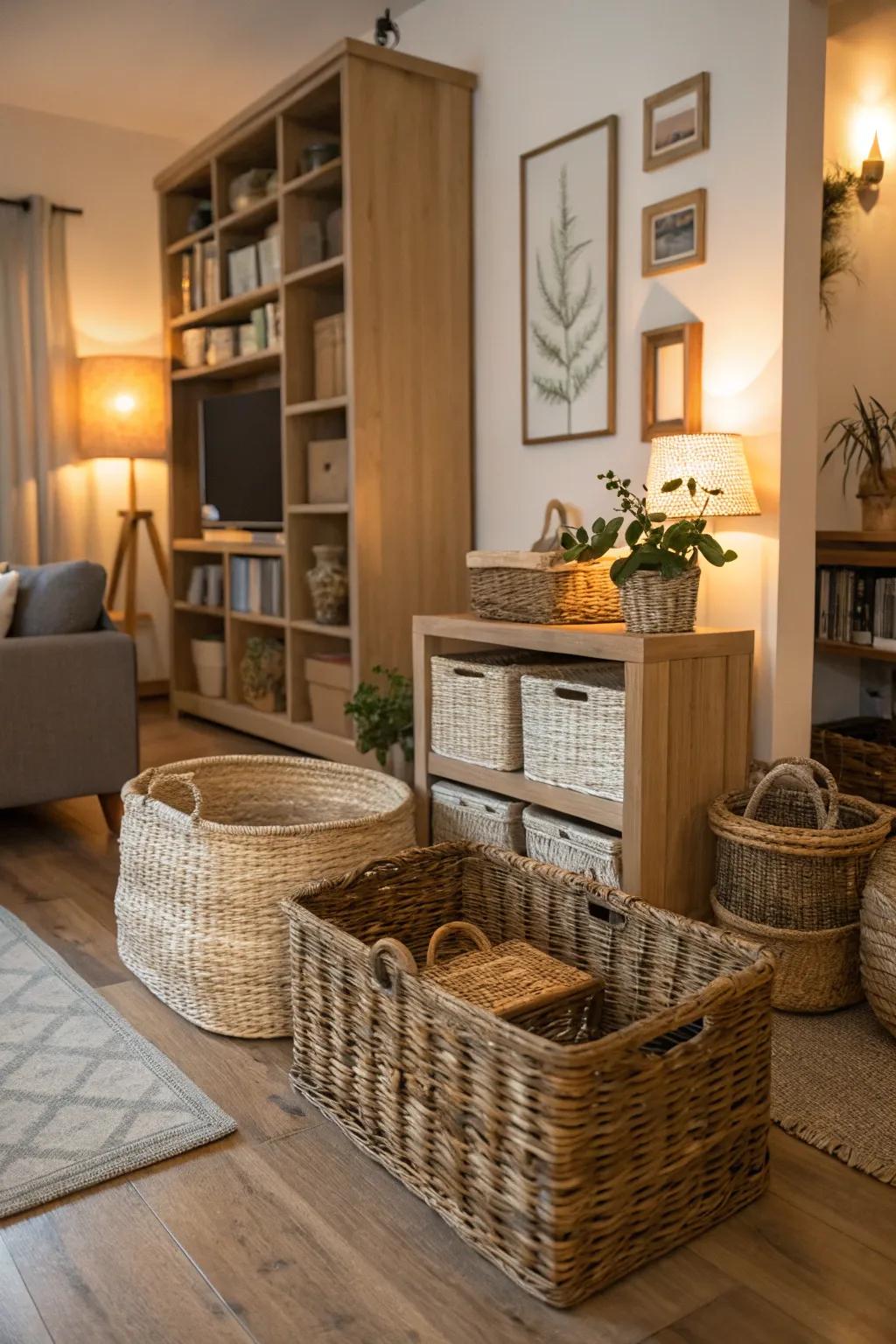 Woven baskets add texture and practical storage options.