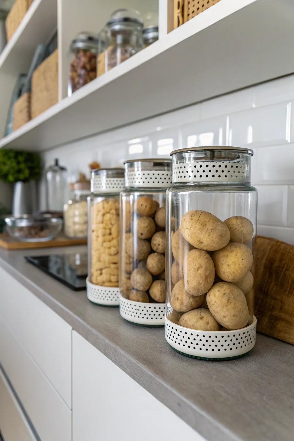 Sleek and organized potato storage with modern glass jars.