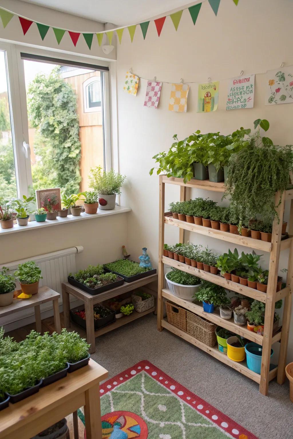 An indoor garden corner connects children with nature indoors.