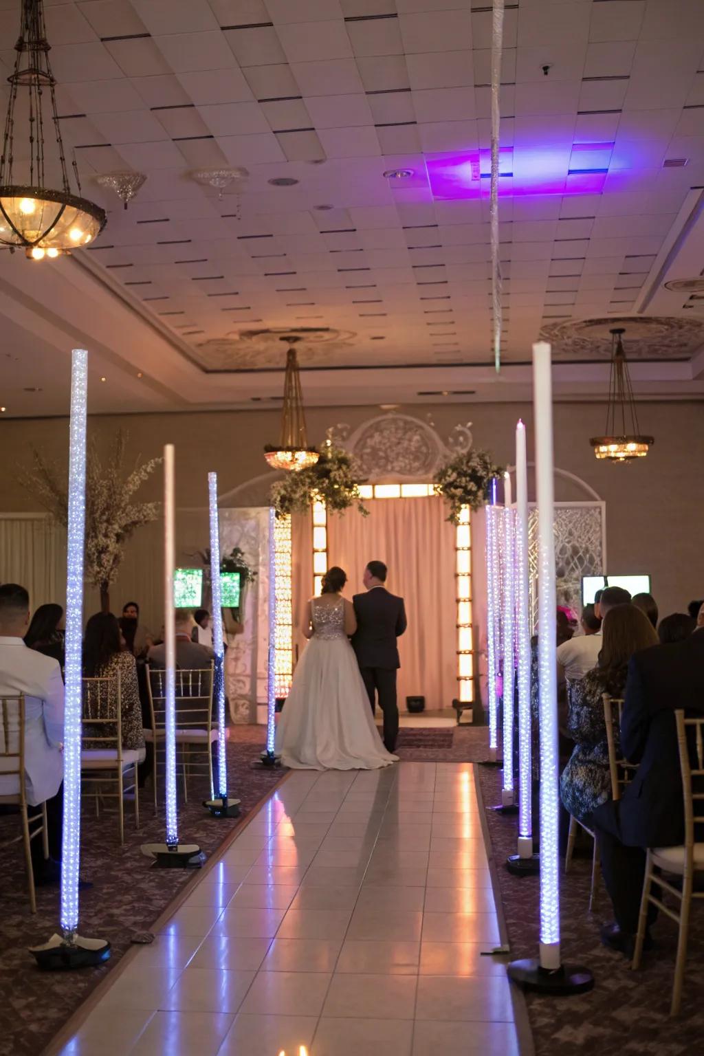 LED light tubes adding a modern and edgy touch to the wedding.