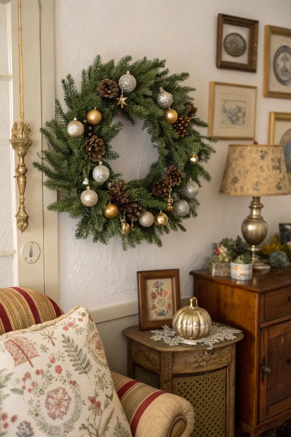 Vintage ornaments add nostalgia and color to your winter wreath.