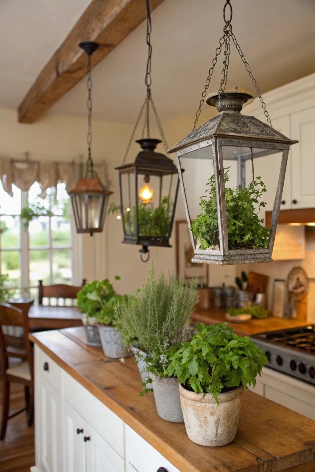 Repurpose lanterns into unique herbal planters.