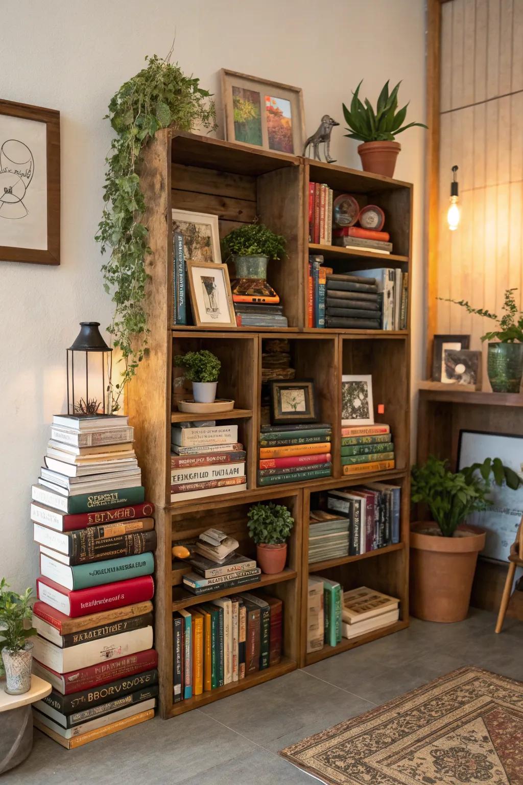 Asymmetry adds a playful and dynamic feel to this creative bookshelf setup.