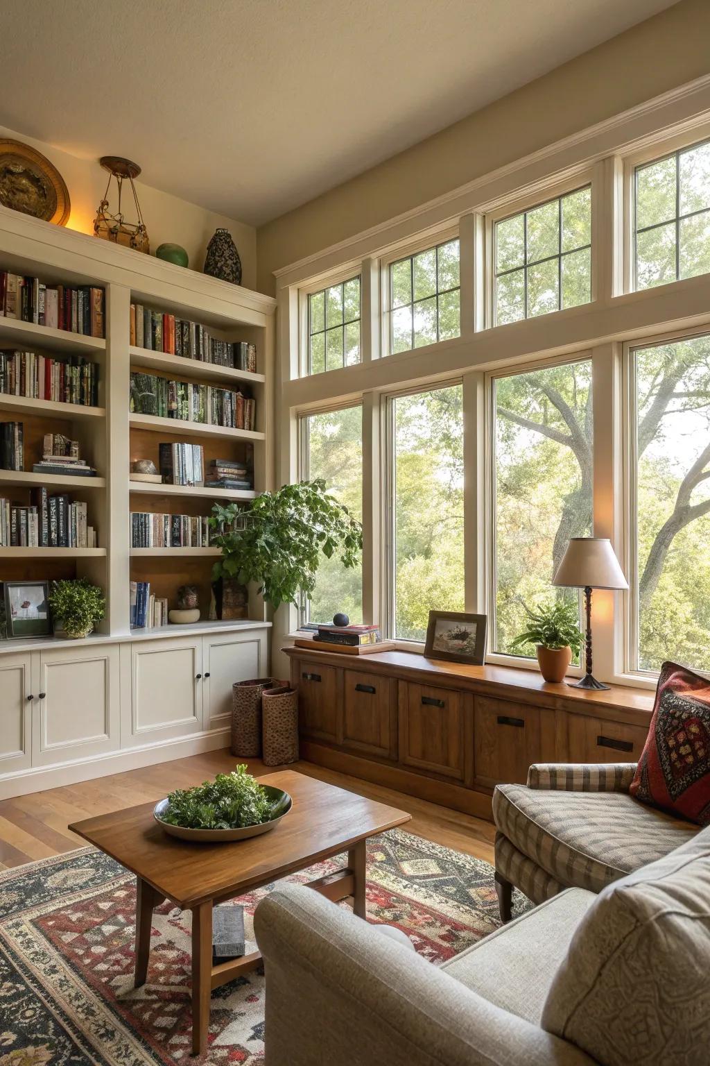 Custom shelving that adds functionality and style to the window area.