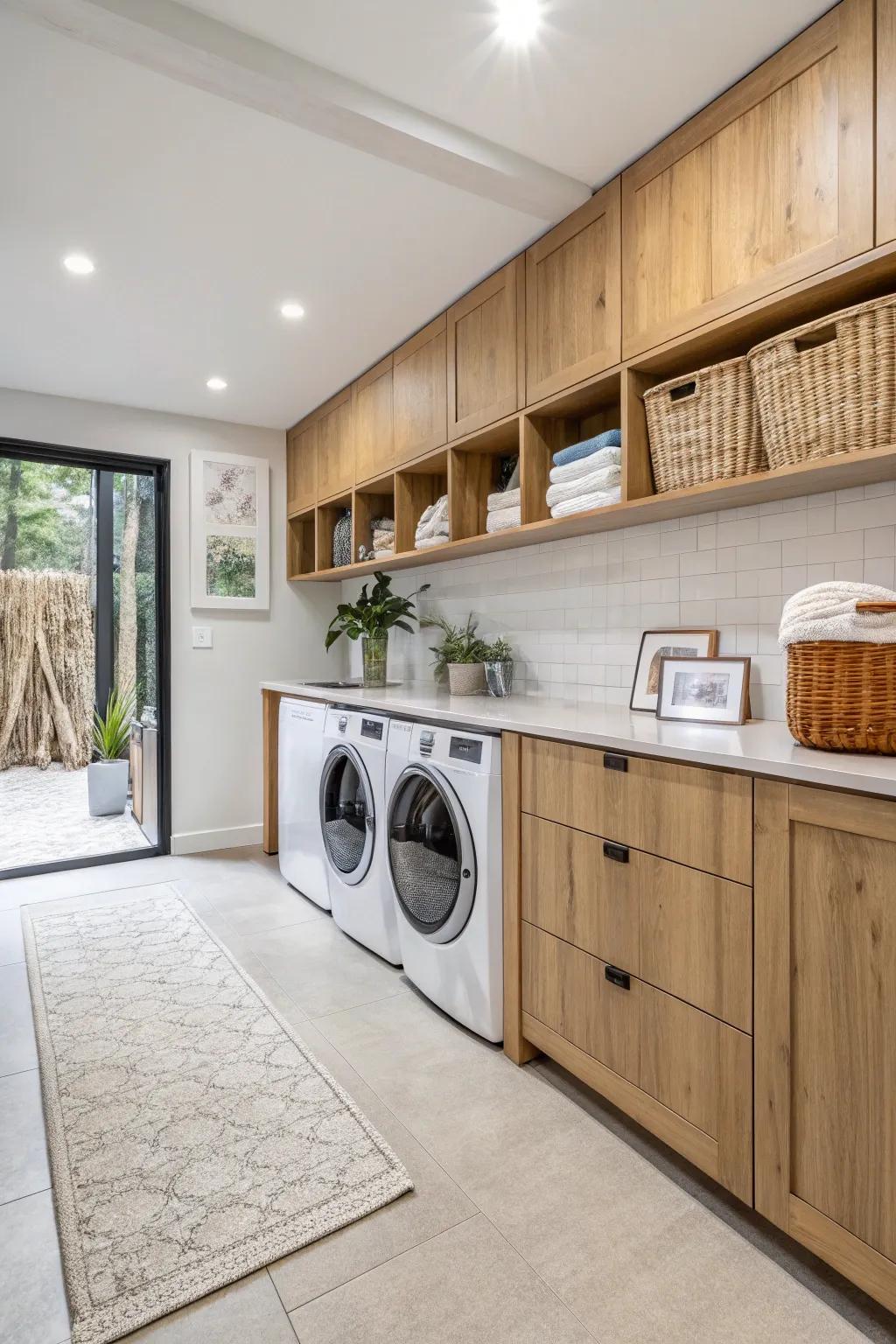 Eco-friendly materials contribute to a sustainable laundry room.